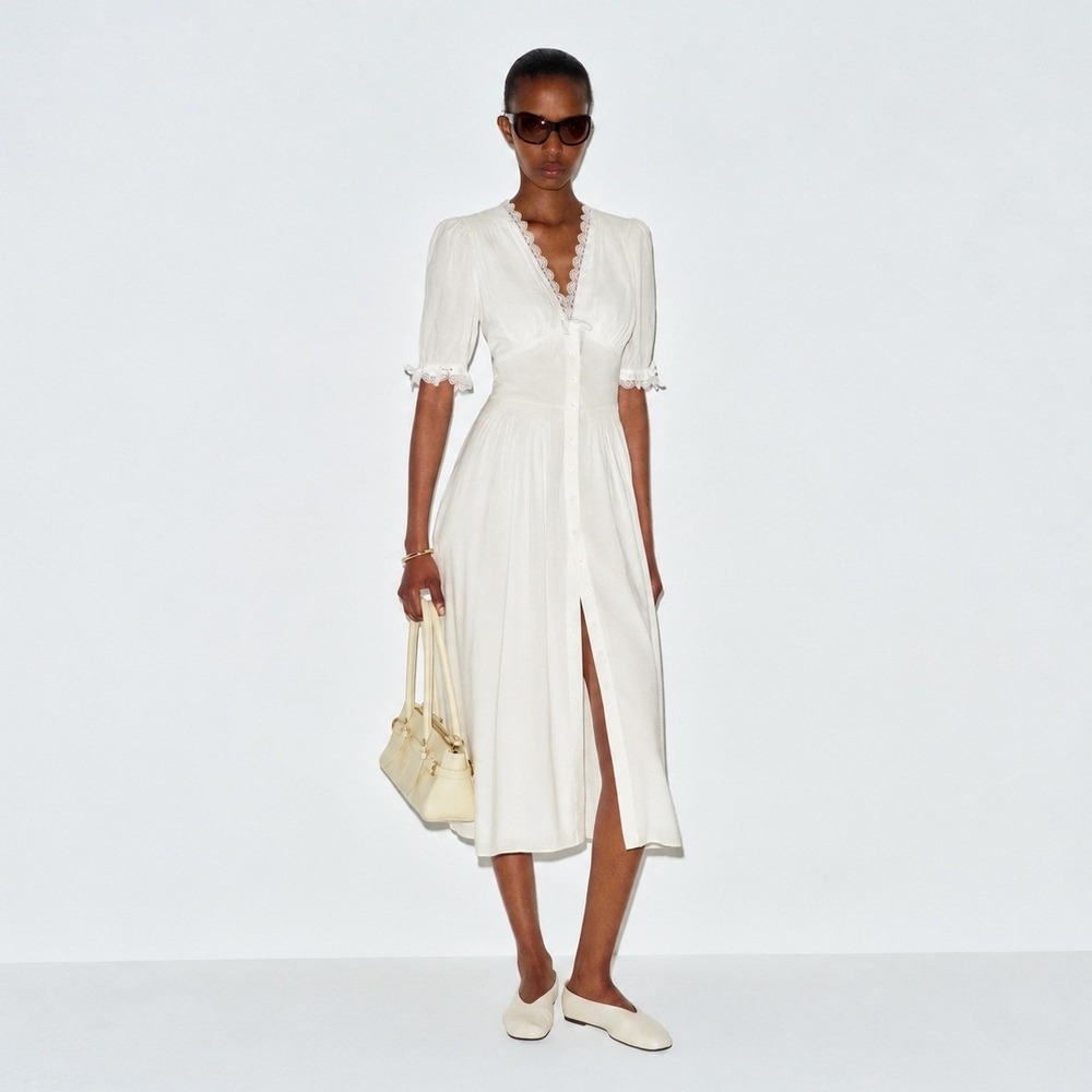 Reformation | Ketra Lace Trim Puff Sleeve Cotton Midi Dress in White | Size 4
